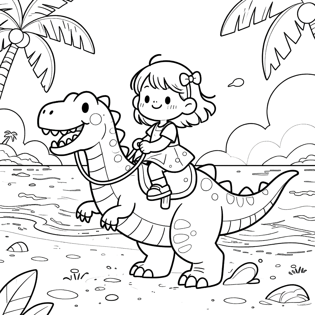 Child riding a dinosaur coloring page preview